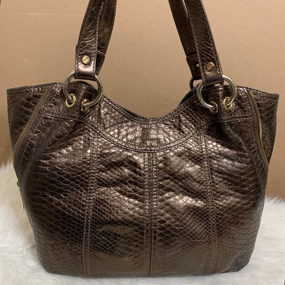 MICHAEL KORS Bronze Snakeskin Embossed Leather MOXLEY Shoulder Tote - Picture 6 of 16